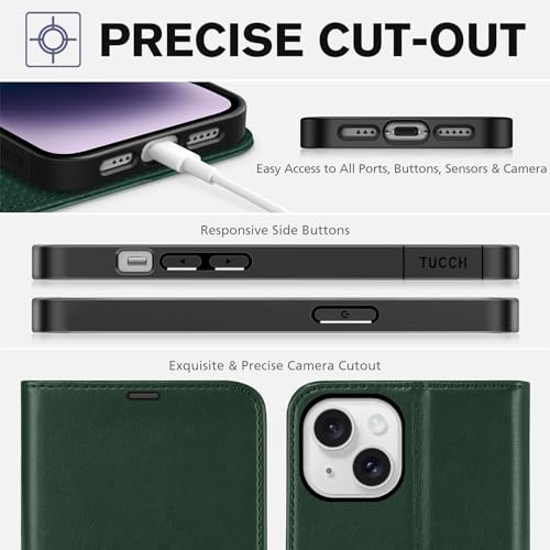 TUCCH Wallet Case for iPhone 14 (6.1") 2022, Flip Stand, Midnight Green | RFID Blocking, 4 Card Holders, Kickstand, PU Leather, Shockproof TPU Shell, Magnetic Closure, Protective Folio Cover - color: Midnight Green