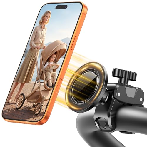 Magnetic Gym Stroller Phone Holder with Clamp, 16 x N55 Strong Magnet Phone Mount, 360° Rotating & 60° Tilt for Treadmill/Exercise Bike/Golf Cart/Shopping Cart, Fit for iPhone 12-17