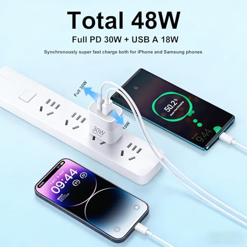 30W USB C Charger Block, GaN Fast Charger with USB-C & USB-A Dual Port, PD PPS QC 3.0 Wall Charger Adapter for iPhone 17/16/15/14, Samsung Galaxy, iPad, Pixel, Black