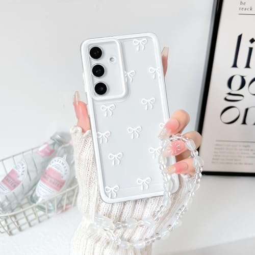 NITITOP Compatible with Samsung Galaxy S24 FE Case Clear Ribbon Bow Knot Pattern for Girls Women Bowknot Durable with Chain Wrist Strap Soft TPU Shockproof Protective Phone Cover - White - color: White, size: Samsung Galaxy S24 FE