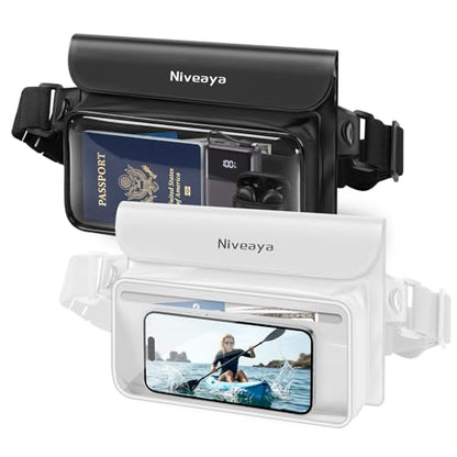Niveaya IPX8 Floating Waterproof Fanny Pack Holds Phone, Passport & Cash | Large Capacity Touch Screen Adjustable Waist Strap for Kayaking, Paddle Boarding, Waterpark & Swimming Essentials - color: Black&White