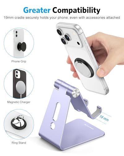 OMOTON Adjustable Cell Phone Stand, C2 Aluminum Desktop Cellphone Stand with Anti-Slip Base and Convenient Charging Port, Fits All Smart Phones, Haze Purple - color: Haze Purple