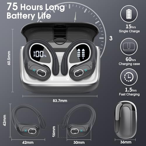 Aptkdoe Wireless Earbuds 75H Bluetooth 5.4 Sport Headphones with Earhooks - color: Iron Gray