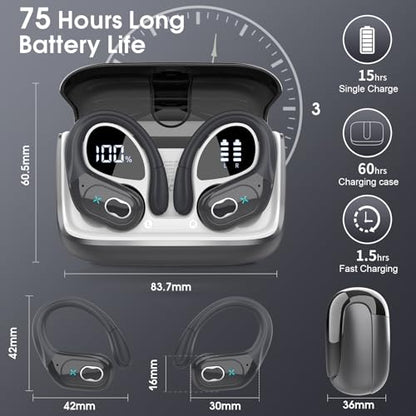 Aptkdoe Wireless Earbuds 75H Bluetooth 5.4 Sport Headphones with Earhooks - color: Iron Gray