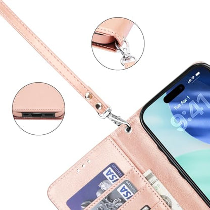 Bocasal Detachable Wallet Case Card Holder for iPhone 17 Pro, Rose Gold | RFID Blocking Kickstand Card Slots Holder PU Leather Magnetic Shockproof Wrist Strap Removable Flip Protective Cover 6.3 inch - color: Rose Gold