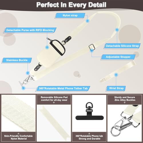 YFWE Clip and Go Strap for Phone With Wallet Crossbody (Detachable RFID Wallet)- Adjustable Phone Lanyard Crossbody with 360° Rotatable Tether Tabs for All Phones (Cream) - color: 2-cream