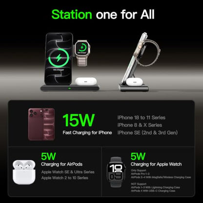 3 in 1 Foldable Wireless Charger Stand for iPhone Apple Watch AirPods - color: Black