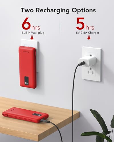 charmast Portable Charger Power Bank 10000mAh with Built-in AC Wall Plug - color: Red