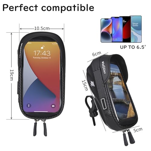 WOLFILIST Waterproof Bike Phone Mount - Touch Screen Holder for 7'' Phones, 360° Rotation & Shockproof Handlebar Bag - Ideal for Cycling, Motorcycle, Electric Bike Accessories (BLACK)
