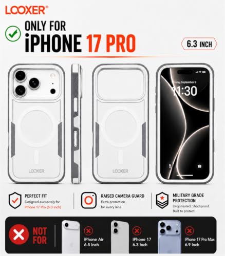 LOOXER® Heavy Duty Rugged Magnetic Case for iPhone 17 Pro (6.3”) | Military Grade Shockproof Protection,MagSafe Compatible+ Tempered Glass Included (White, 17 Pro) - color: White, size: 17 Pro
