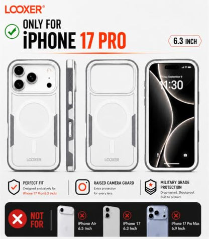 LOOXER® Heavy Duty Rugged Magnetic Case for iPhone 17 Pro (6.3”) | Military Grade Shockproof Protection,MagSafe Compatible+ Tempered Glass Included (White, 17 Pro) - color: White, size: 17 Pro