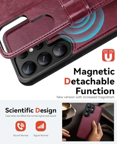 OCASE for Samsung Galaxy S25 Ultra Detachable Wallet Case, Burgundy | 2-in-1, Card Holder, RFID Blocking, Stand, Wrist Strap, Shockproof, Wireless Charging, Magnetic, PU Leather Flip Phone Cover - color: Burgundy, size: Samsung Galaxy S25 Ultra