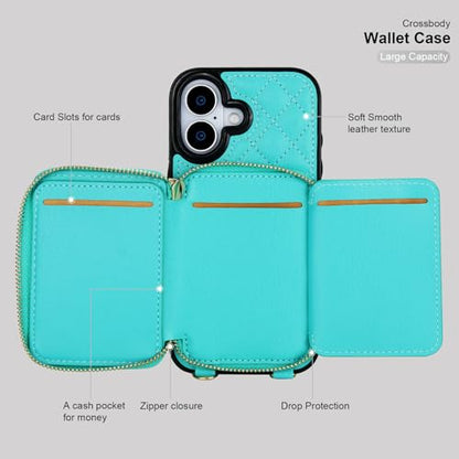 Bocasal Crossbody Wallet Case Card Holder for iPhone 17, Mint Green | RFID Blocking PU Leather Zipper Handbag Purse, Kickstand Flip Folio Case with Card Slots Holder Wrist Strap Lanyard 6.3 Inch - color: Green