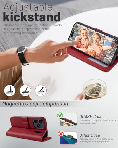 OCASE Compatible with iPhone 17 Pro Wallet Case, PU Leather Flip Folio Case with Card Holders RFID Blocking Kickstand [Shockproof TPU Inner Shell] Phone Cover 6.3 Inch 2025, Dark Red - color: Dark Red