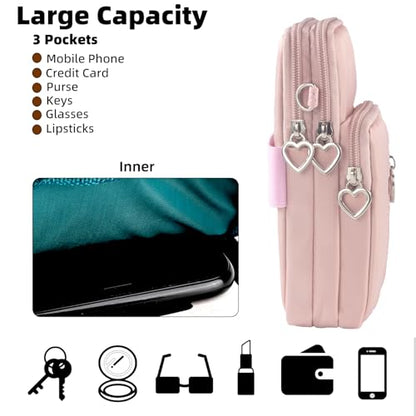 Small Crossbody Bag for Women, Multi Zip Pockets Nylon Wallet Purse Credit Card Holder with Detachable Hand Strap - color: Pink