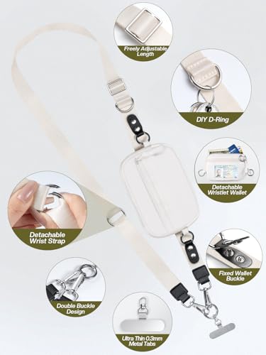 Tiostep Clip and Go Strap for Phone with Wallet Crossbody Phone Lanyard Adjustable and Detachable RFID Wristlet Wallet (Cream, Large) - color: Cream, size: Large
