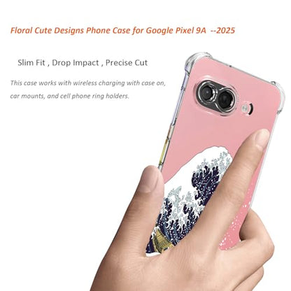 for Google Pixel 9a Case 2025: (Great Wave) | Clear Cute Flowers Floral Design, for Girls Women, Slim Soft TPU Bumper, Shockproof Silicone Cell Phone Cover - color: Great Wave