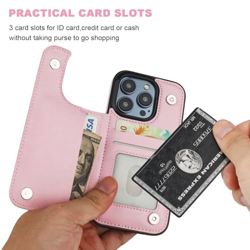 ONETOP for iPhone 15 Pro Wallet Case with Credit Card Holder,Pink | Kickstand,ID/Cash Holder,Case Wallet with Card Slots,Double Magnetic Clasp,Durable PU Leather Shockproof Cover for Women Men - color: Pink