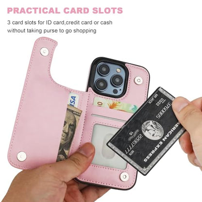 ONETOP for iPhone 15 Pro Wallet Case with Credit Card Holder,Pink | Kickstand,ID/Cash Holder,Case Wallet with Card Slots,Double Magnetic Clasp,Durable PU Leather Shockproof Cover for Women Men - color: Pink