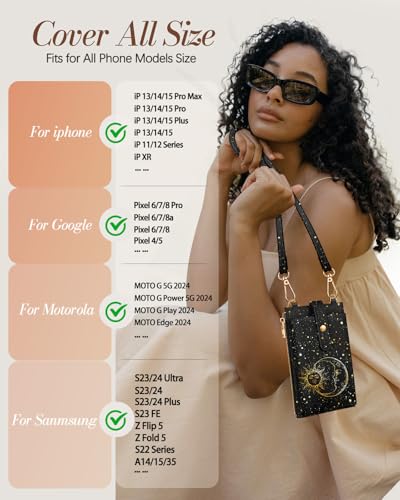Miss Adola RFID Cell Phone Purse Crossbody Bag for Women | RFID Blocking, Card Slots, Dual Straps, Leather Phone Wallet, Magnetic Buckle, Smooth Zipper, Crossbody Purse for Daily Use - color: Black Sun Moon