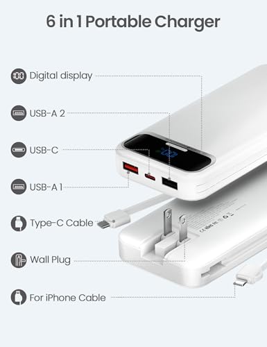 aonidi Portable Charger 12000mAh with Built-in Cables&AC Wall Plug, White - color: White