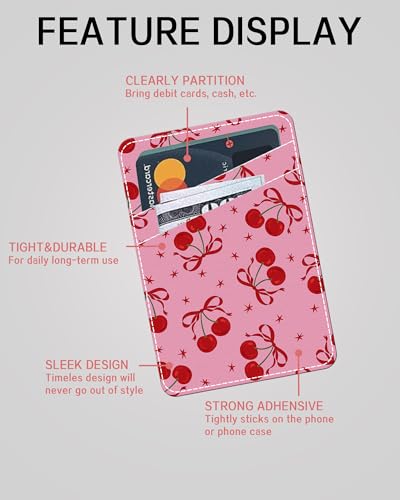 Phone Card Holder, Dual Pocket Leather Phone Wallet Adhesive Stick On, Cute Card Holder, Credit Card Holder for Phone Case Pink Cherry Pow - color: Pink Cherry Pow