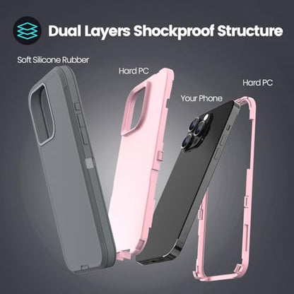 Sansunto for iPhone 15 Pro Max Case, Full Body Protection Heavy Duty Shockproof Military Grade 3 in 1 Silicone Rubber with Hard PC Rugged Durable Phone Cover - color: Grey/Pink
