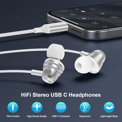 USB C Google Headphones Wired Earbuds for Google Pixel 11 10 Pro XL/Fold - color: White