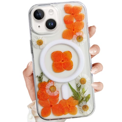 Clear Case for iPhone 14 Compatible with MagSafe,Magnetic Flower Phone Case with Pressed Real Flowers Design,Glitter Cute Floral Pattern Slim Soft TPU Protective Women Girl's Phone Cover for iPhone 14 - color: Orange, size: iPhone 14