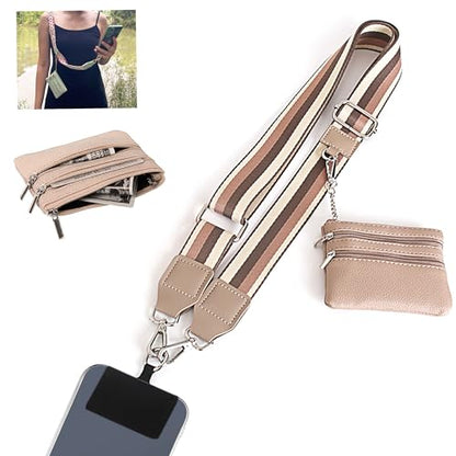 Clip and Go Strap for Phone with Wallet Crossbody, Adjustable Phone-Lanyards with Wallet, Phone Lanyard with Zippered Pouch, Crossbody iPhone Straps for All Phones, Striped Khaki - color: Striped Khaki