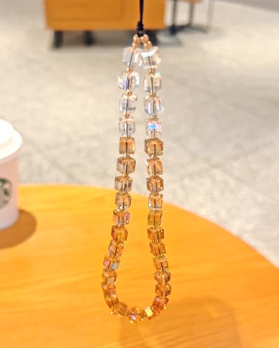 Crystal & Pearl Phone Charm Wrist Strap, Beaded Lanyard Wristlet Chain, Hands-Free Bracelet Strap for Phone Cases - color: Cube-amber