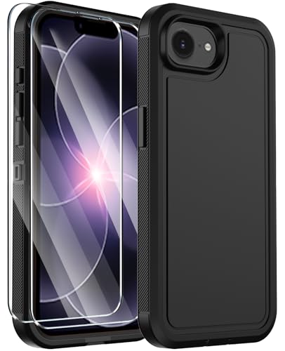 for iPhone 17e Case & iPhone 16e Case, Military-Grade Drop Protection Dual-Layer Rugged Shell with Screen Protector, Full-Body Non-Slip Shockproof Heavy Duty Protective Bumper Phone Cover (Black) - color: Black