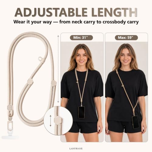 Adjustable Crossbody Phone Lanyard, Braided Cord with Tether Tab - color: Beige