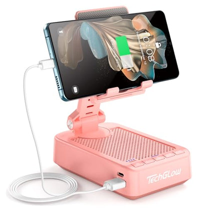 TechGlow Gifts for Men Women Foldable Cellphone Stand with Bluetooth Speaker and Charging Function 360° Rotatable Phone Stand Birthday Gift Idea for Mom Dad Cool Tech Gifts-Pink - color: Pink