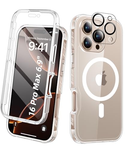 Compatible with iPhone 16 Pro Max Case Clear, Built-in Screen Protector, with Camera Lens Protector, [Compatible with MagSafe] Full Body Phone Case, Protective Cover for 16 ProMax 6.9" (Clear) - color: Magnetic Clear, size: iPhone 16 Pro Max 6.9"