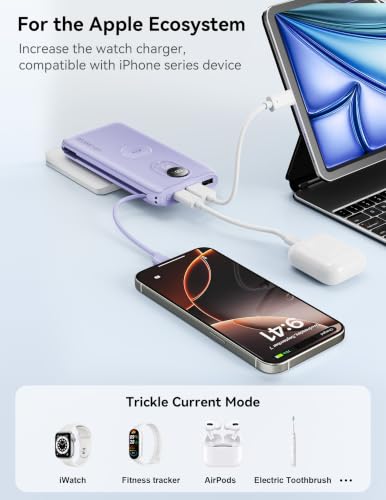 Portable Charger 10000mAh 20W, Wall Plug, 2 Cables, iWatch Charging - color: Lilac Purple