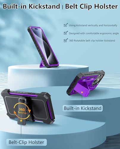 FNTCASE for iPhone 15 Pro Case with Belt Clip, Rugged Kickstand | Built-in Screen Protector, Military-Grade Drop Protection, Heavy Duty Shockproof Holster Protective Cover - color: T-Purple