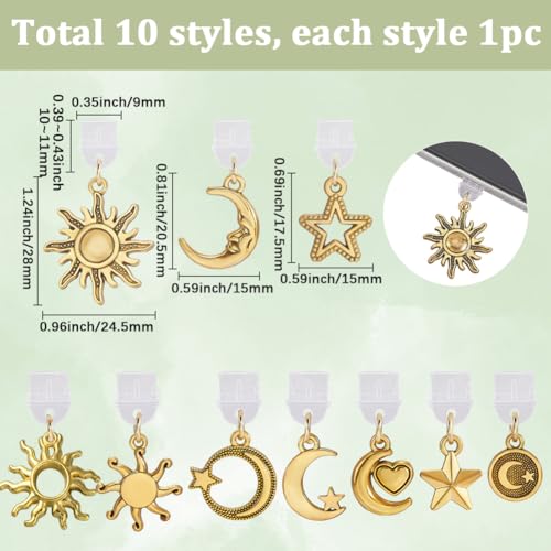SUNNYCLUE 1 Box 10 Styles Moon Dust Plug Charm Dust Plug Charms Bulk Small Gold Metal Cute Sun Stars Dangle Plastic Compatible Port Protector Pendant for Phone Earphone Diy Jewelry Supplies Women Men - style: Moon & Star