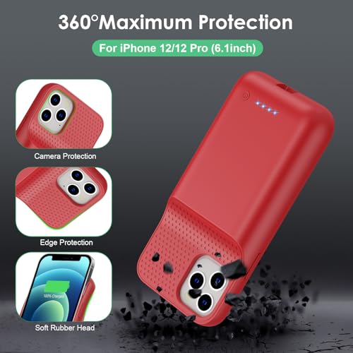 Battery Case for iPhone 12/12 Pro,[2025 Upgraded] 10800mAh Ultra-Slim Portable Extended Charger Case Cover for iPhone 12/12 Pro Charging Case (6.1 Inch)-Red - color: Red