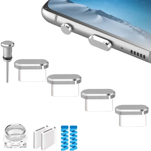 USB C Anti Dust Plugs Type C Charging Port Cover Protector Caps 4 PCS with 2 Spiral Cord Savers Compatible with iPhone 17/16/15 Plus Pro Max Samsung Galaxy S25/S24/S23 Ultra Pixel 9 (Silver) - color: Silver