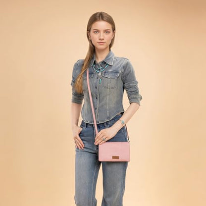 Montana West Wrangler Womens Wristlet Wallet RFID Blocking Bifold Clutch Credit Card Holder Purse with Crossbody Strap - color: B-Pink