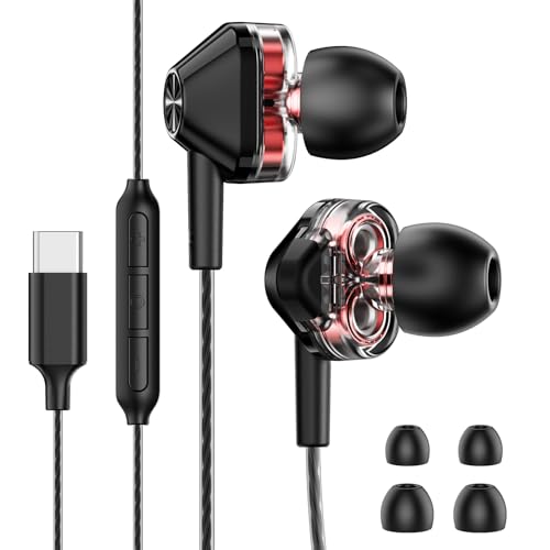 USB-C Wired In-Ear Earbuds with Mic, Dual Driver for Hi-Fi Stereo Sound