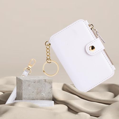 M-Plateau RFID Blocking Keychain Wallet With Leather Wrist Strap | Keychain Wristlet, Womens Card Holder with Zipper Coin Pocket and ID Window - color: White