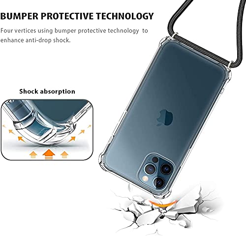 for iPhone 12 Pro Max Clear Case Adjustable Shoulder Neck Lanyard Crossbody Strap Phone Cover Women Girls Soft Slim Bumper Shockproof Protective Mobile Case for iPhone 12 Pro Max - Black - size: for iPhone 12 Pro Max