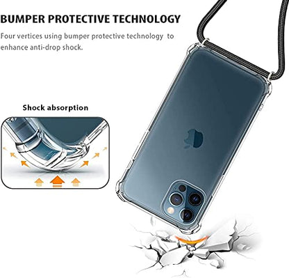 for iPhone 12 Pro Max Clear Case Adjustable Shoulder Neck Lanyard Crossbody Strap Phone Cover Women Girls Soft Slim Bumper Shockproof Protective Mobile Case for iPhone 12 Pro Max - Black - size: for iPhone 12 Pro Max