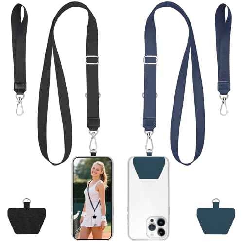 takyu Phone Lanyard, 2 Pack Adjustable Anti-Drop Neck/Wrist Strap with 2 Pcs Tether Patches, Secure Hands-Free Compatible for iPhone Samsung Perfect for Nurses, Teachers, Travel, Hiking Black+DarkBlue - color: Black + Darkblue