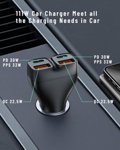 Car Phone Charger 111W USB-C, 4-Port Independent Output PD3.1 30W/QC22.5W Super Fast Car Charger, Dual USB-C & Dual USB-A Cigarette Lighter Fast Charger for iPhone/Samsung Ultra/iPad/MacBook Air