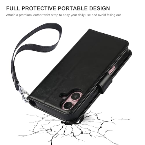 Bocasal Detachable Wallet Case Card Holder for iPhone 16, Black | RFID Blocking Kickstand Card Slots Holder PU Leather Magnetic Shockproof Wrist Strap Removable Flip Protective Cover 6.1 inch - color: Black