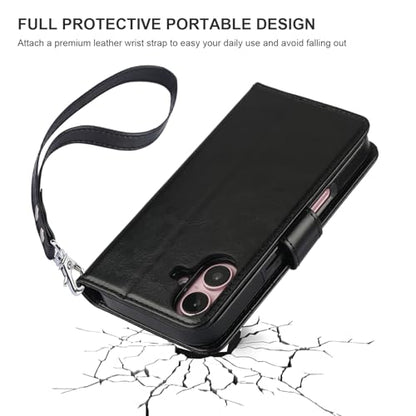 Bocasal Detachable Wallet Case Card Holder for iPhone 16, Black | RFID Blocking Kickstand Card Slots Holder PU Leather Magnetic Shockproof Wrist Strap Removable Flip Protective Cover 6.1 inch - color: Black