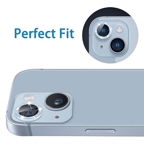 for iPhone 14 & iPhone 14 Plus Camera Lens Protector, Bling Glitter Diamond Lens Cover 9H Tempered Glass Camera Cover Anti Scratch Lens Protector Individual Lens Ring - 2PCS Glitter Blue - color: Blue Glitter